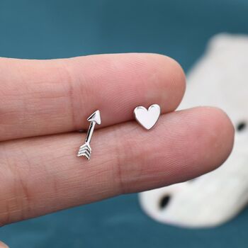 Mismatched Tiny Arrow And Heart Stud Earrings, 2 of 9