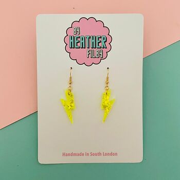 Neon Yellow Glitter Lightning Bolt Earrings Small And Large, 2 of 2
