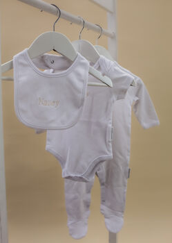 Embroidered White Cotton Baby Sleepsuit, 3 of 6