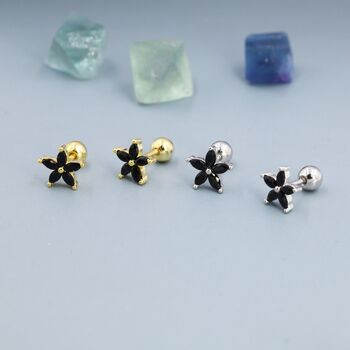 Sterling Silver Black Cz Flower Barbell Earrings, 6 of 12