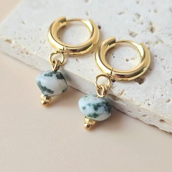 Natural Moss Agate Charm Huggie Hoop Earrings, 3 of 4