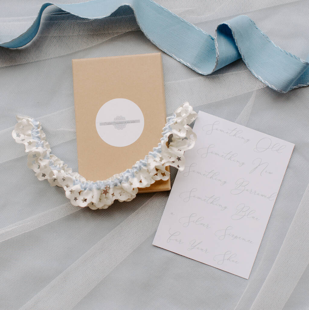 Celestial Ivory And Blue Satin Garter, 1 of 3