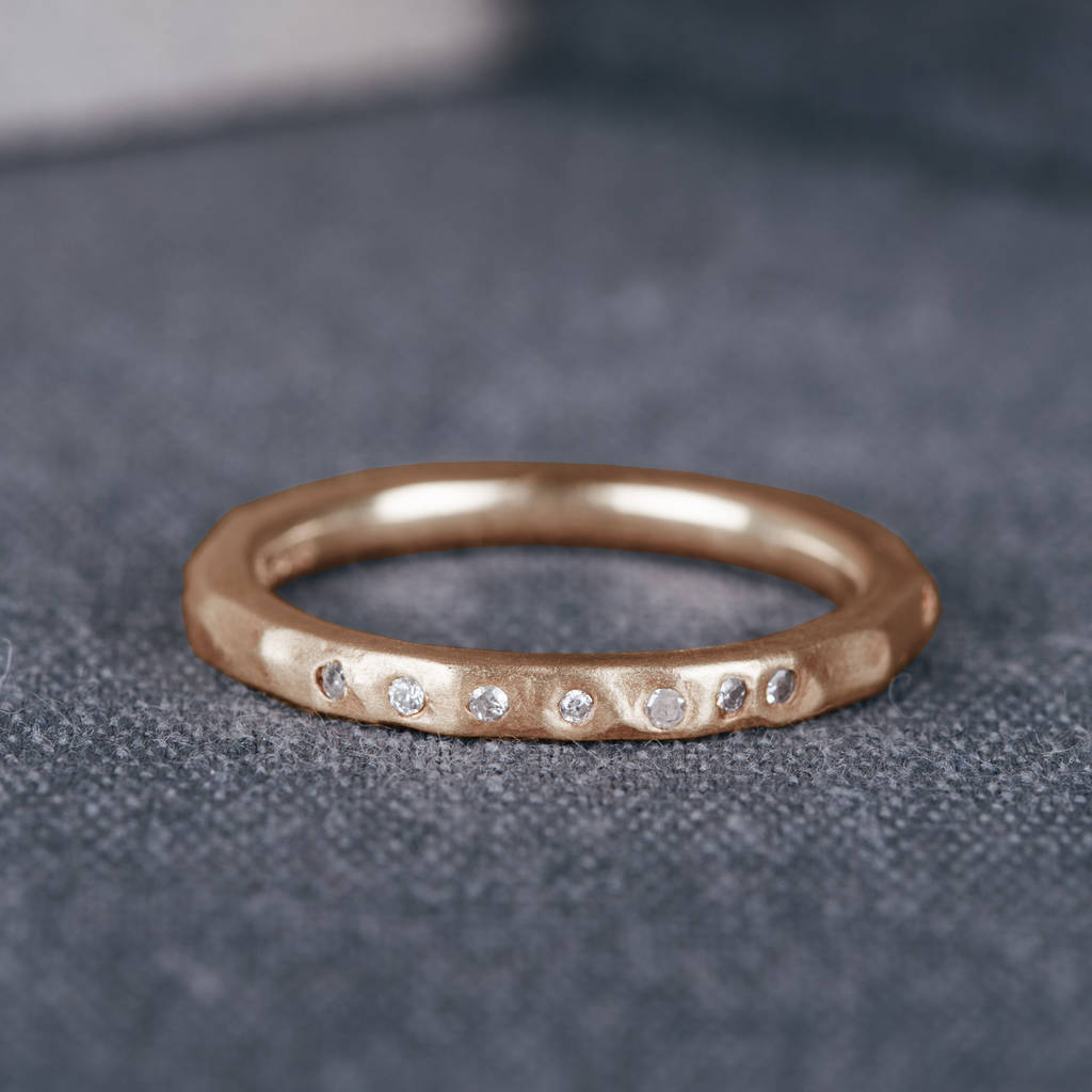 9ct Rose Gold Hammered Wedding Ring With Diamonds, 1 of 3