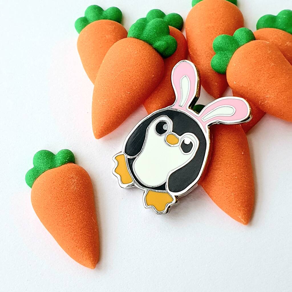 Pengbunny Enamel Penguin Pin Badge With Bunny Ears, 1 of 12