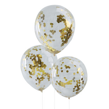 Pack Of Five Gold Confetti Filled Clear Party Balloons, 2 of 3