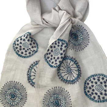 Hand Embroidered 100% Linen Scarf In Light Grey And Blue, 5 of 5