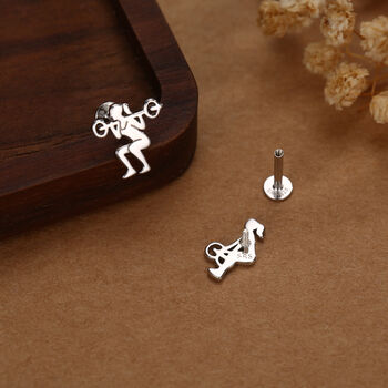 Sterling Silver Powerlifting 16 G Mismatched Flat Back Labret Earrings, 4 of 12