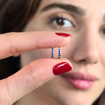 Sapphire September Birthstone Huggie Hoop Earrings, 2 of 5