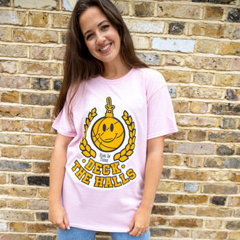Deck The Halls Women's Christmas T Shirt In Pink, 4 of 4