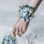 Wedding Peony Wrist Corsage In Sky Blue, thumbnail 1 of 9