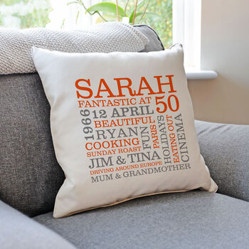Personalised 50th Birthday Word Art Cushion, 6 of 9