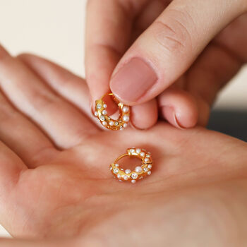 Crystal And Pearl Huggie Hoop Earrings In Gold, 6 of 6