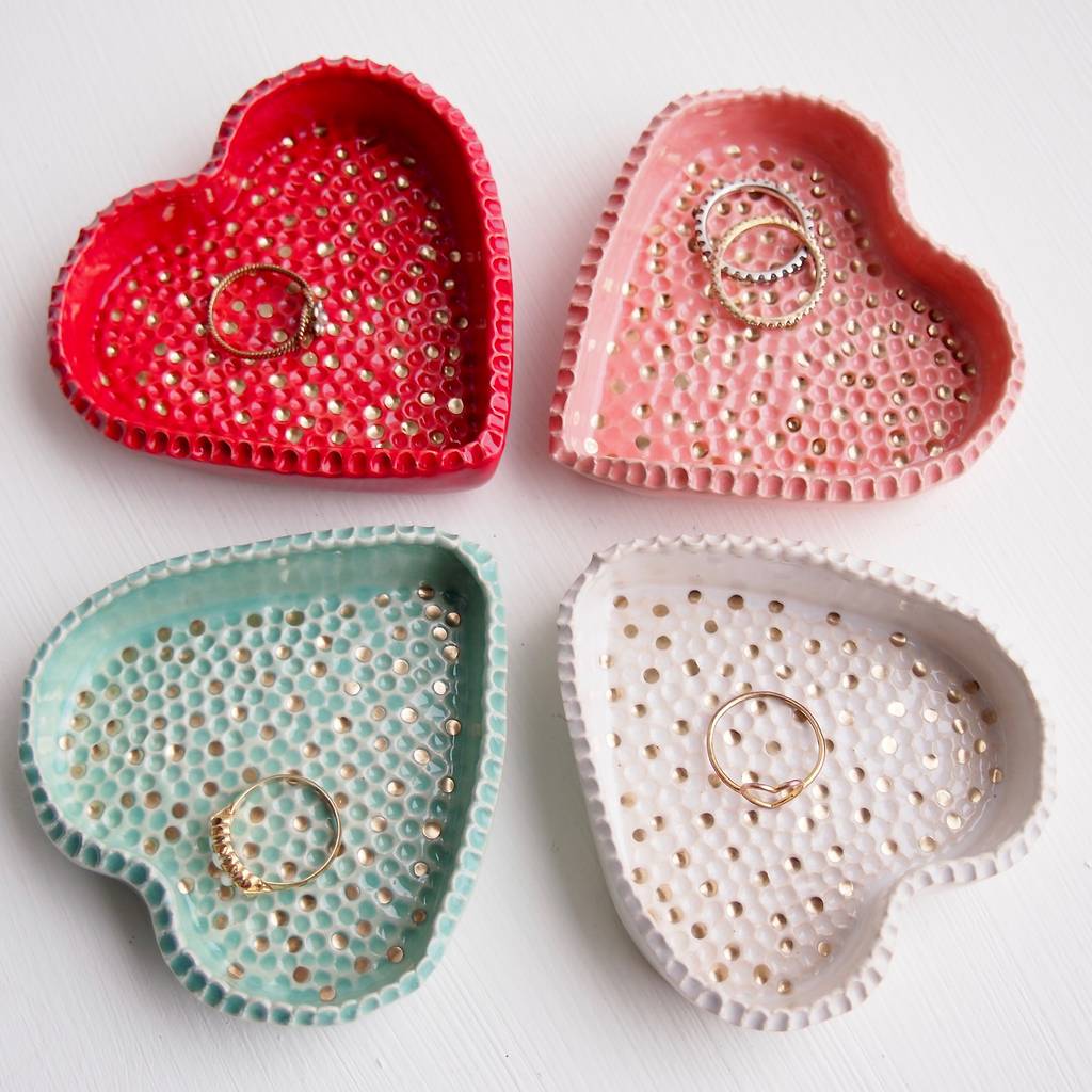 handmade white ceramic pottery heart ring dish by