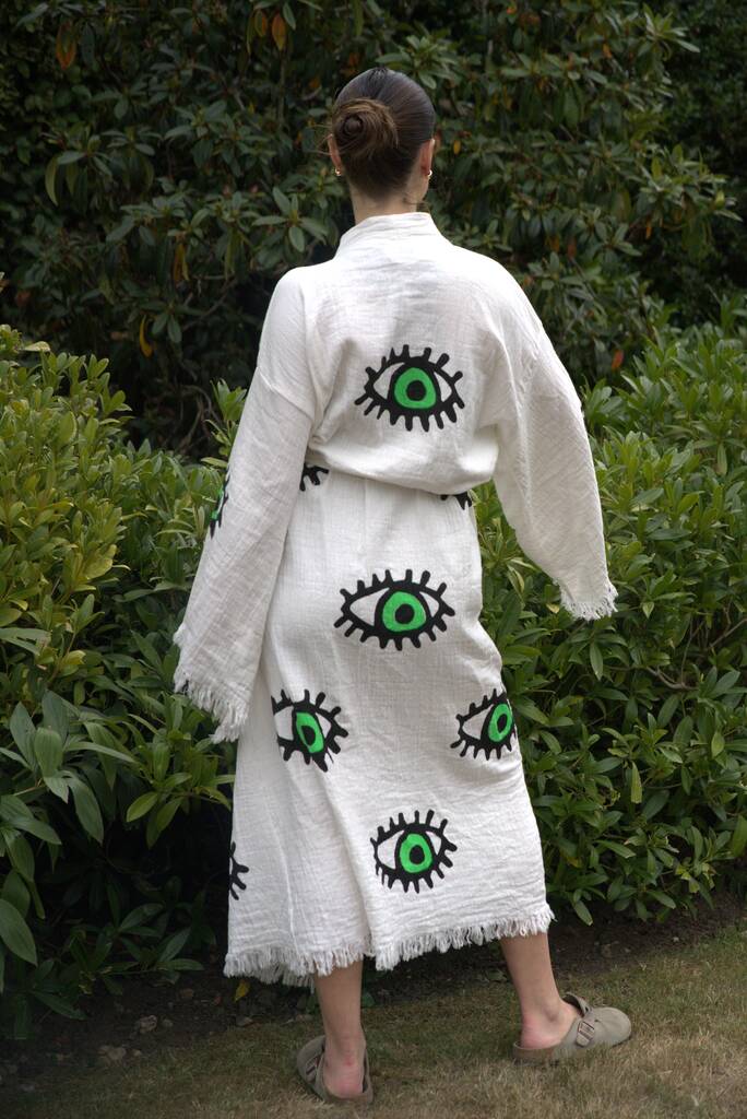Long Organic Cotton Robe: White With Green Eye, 1 of 5