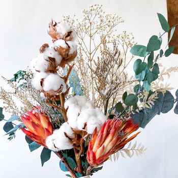 Cotton Blossom And Eucalyptus Bouquet With Proteas, 5 of 5