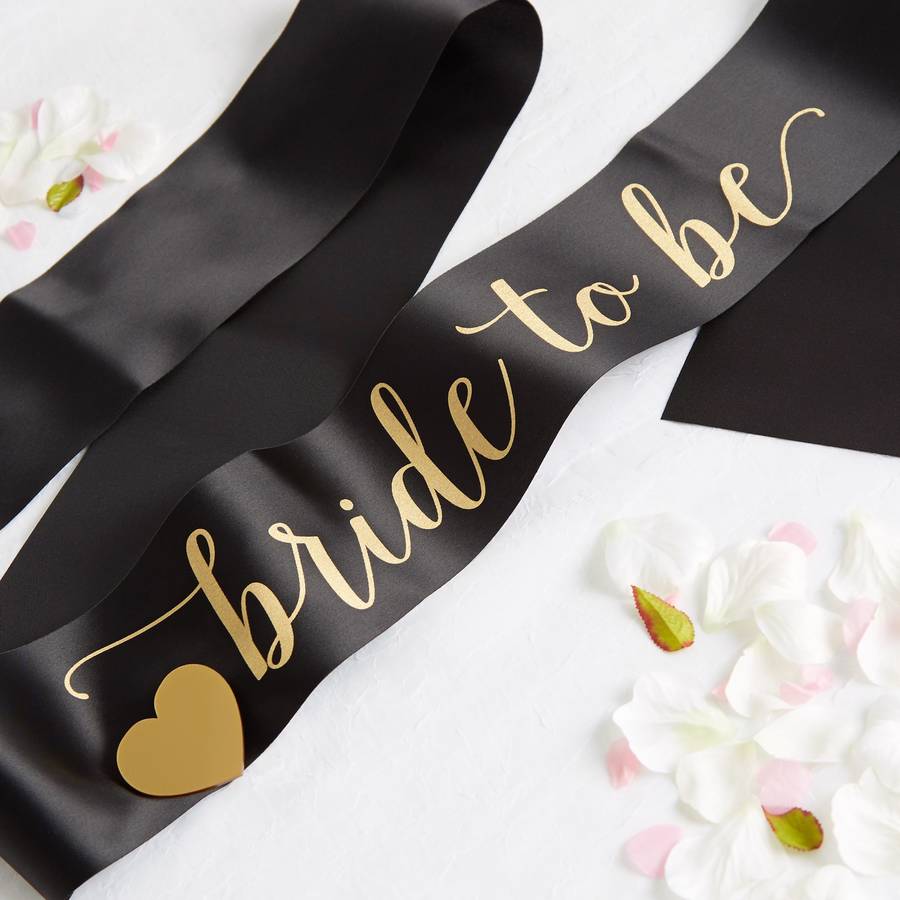 black satin bride to be sash with heart pin by team hen