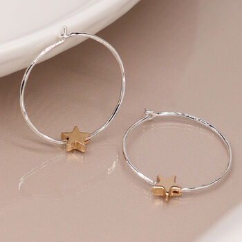Large Silver Plated Organic Golden Star Hoop Earrings – 25mm, 2 of 6