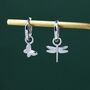 Mismatched Butterfly And Dragonfly Huggie Hoops In Sterling Silver, thumbnail 6 of 12