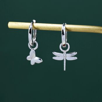 Mismatched Butterfly And Dragonfly Huggie Hoops In Sterling Silver, 6 of 12