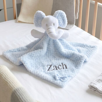 Personalised Blue Elephant With Bow Baby Comforter, 2 of 5