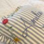 Hand Embroidered Personalised Cushion Blue Stripe With Frill Trim, thumbnail 3 of 8