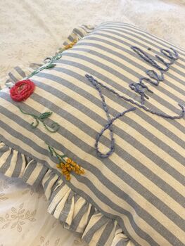 Hand Embroidered Personalised Cushion Blue Stripe With Frill Trim, 3 of 8