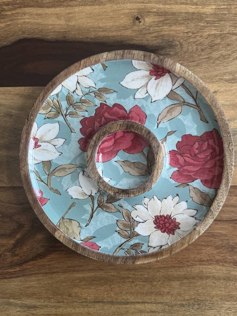 Mango Wood Round Serving Platter Tray, Chip And Dip, 1 of 7