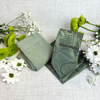 Sage Paisley Swirls Wedding Tie Set, 3 of 6