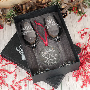 1st Christmas Married Pair Of Champagne Flutes And Christmas Decoration, 2 of 5