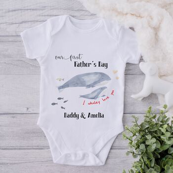 Personalised Our First Fathers Day Whale Babygrow, 2 of 6