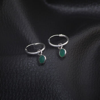 Hoop Earrings With Green Onyx Charm In Sterling Silver, 2 of 5