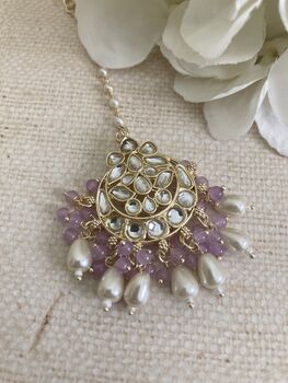 Purple Gold Plated Kundan Earrings And Tikka Set, 7 of 7