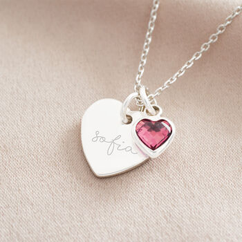 Sterling Silver Esme Heart And Heart Birthstone Personalised Name Necklace, 3 of 12