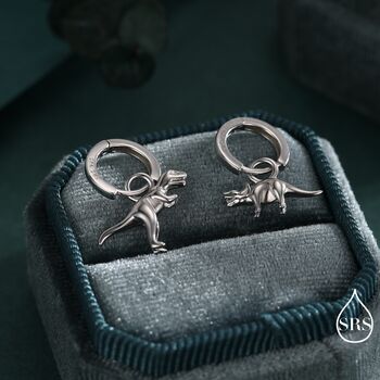 Sterling Silver Mismatched T Rex And Triceratops Hoop Earrings, 2 of 12