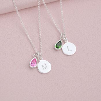 Personalised Sterling Silver Initial And Teardrop Birthstone Necklace, 2 of 8