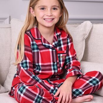 Unisex Kids Brushed Woven Red Check Pyjamas, 2 of 5