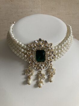 Emerald Green Gold Plated Kundan And Pearl Choker Set, 2 of 10