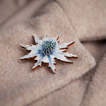 Wildflower Sea Holly Eco Wooden Pin Brooch, 6 of 9