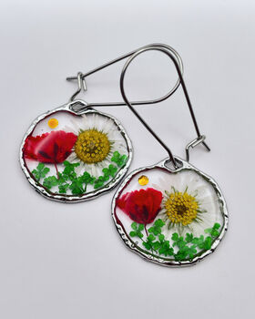 Real Daisies Mini Red Poppies Silver Earrings Small Hand Made, 3 of 10