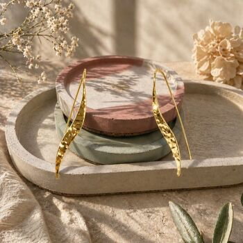 Hammered Gold Long Wave Sterling Silver Drop Earrings, 2 of 5