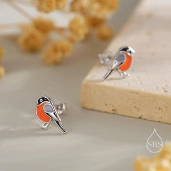 Sterling Silver Tiny Bullfinch Bird Stud Earrings, 5 of 11