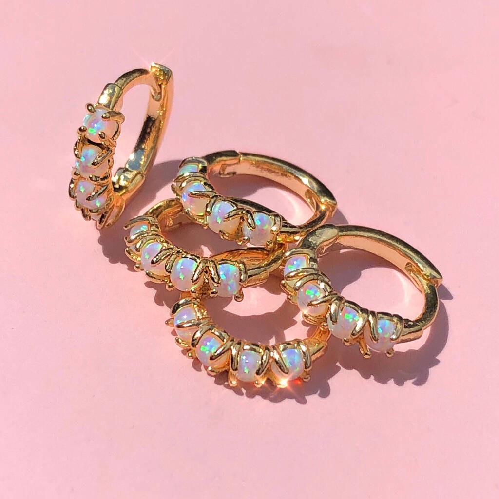 Opal Huggies / Gold Plated Mini Hoop Opal Earrings, 1 of 4
