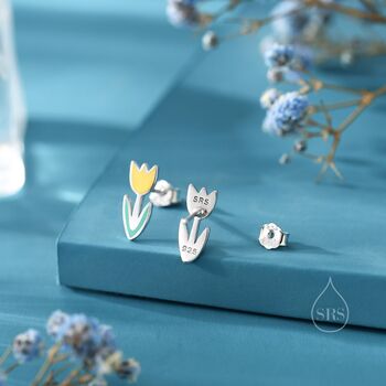 Enamel Tulip Flower Stud Earrings In Sterling Silver, 2 of 11