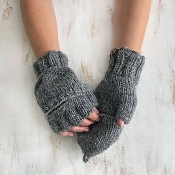 Fair Trade Knit Wool Lined Mitten Fingerless Gloves, 9 of 12