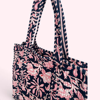Navy And Pink Flower Quilted Cotton Tote Bag With Zip, 5 of 6