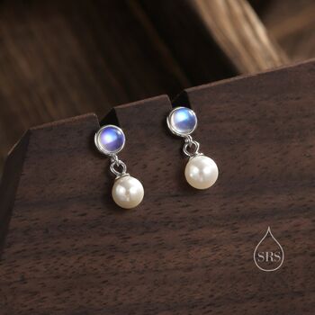 Moonstone And Pearl Dangle Earrings In Sterling Silver, 5 of 11