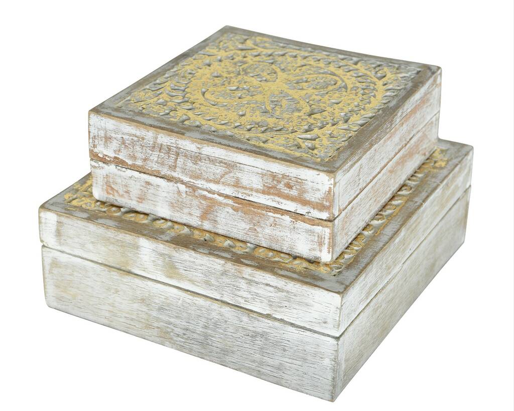 Set Of Two Carved Mango Wood Storage Boxes