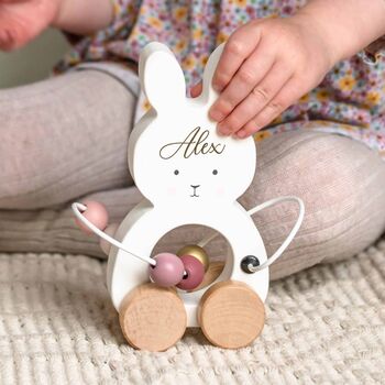 Personalised Wooden Pink Bunny Motor Pull Toy, 6 of 8