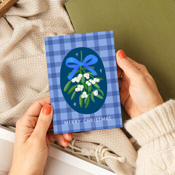 Christmas Card In With Blue Gingham Pattern And Mistletoe, 2 of 3