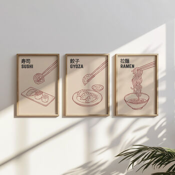 Japanese Food Kitchen Prints | Set Of Three Sushi, Ramen And Gyoza Art, 4 of 12